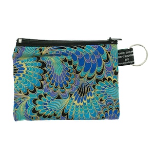 Pluma de pavo real ~ Monedero hecho a mano ~ 100 % algodón, ideal para guardar dinero, tarjetas, monedas, regalo ideal ~ Filigrana dorada