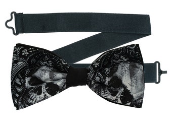 Grey Filigree Skull Designer Bow Tie can be also used as a Hair Bow, Necktie Graduation Prom, perfect party accessory