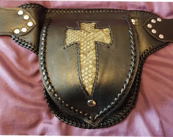 Leather Belt/phone Pouch With Real Python Inlay, Gothic Cross