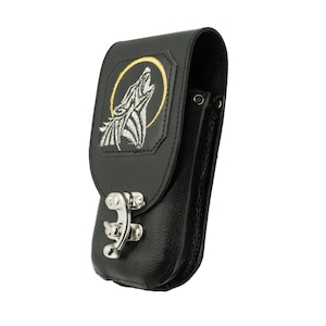 Belt Holster Leather Mobile Cell Phone Pouch with a Howling wolf embroidered in the centre Belt Loop Pouch for wallet & purse
