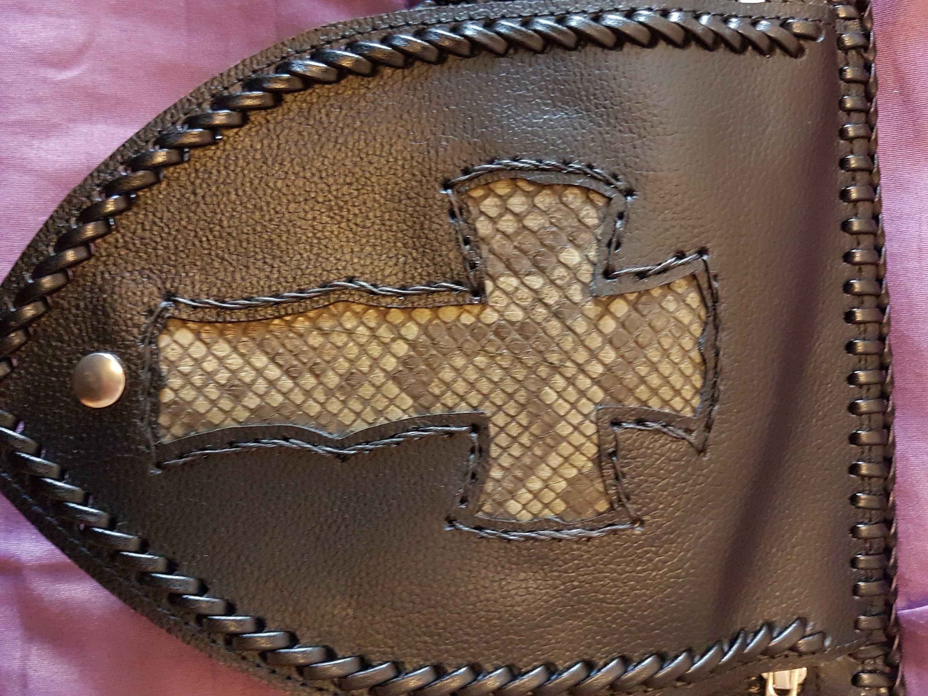 Leather Belt/phone Pouch With Real Python Inlay, Gothic Cross