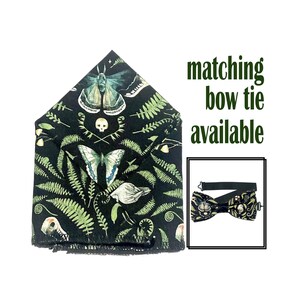 May include: Black and green pocket square with a botanical print featuring butterflies, ferns, and skulls. Matching bow tie available.