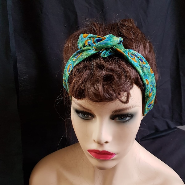 Beautiful Peacock Eye Material in our Designer Wired Headband Quick and Easy to tie your hair up - no Knots just twist Handmade 100% Cotton