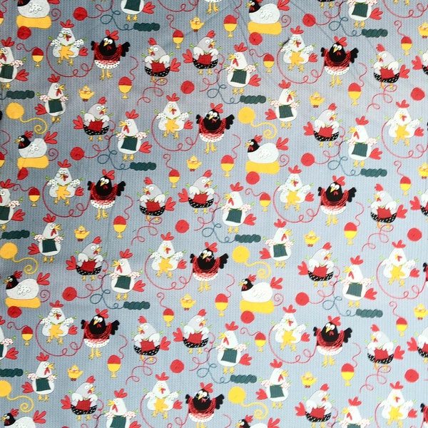 Funky Knitting Chickens adorn this gorgeous Timeless Treasures 100% cotton FABRIC sold per metre or yard for making bandanas, face masks etc