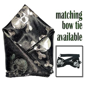 Satin Silver Skull pocket square & Bow Tie perfect accessory for Weddings Graduation, Prom or Christmas/New year great gift idea