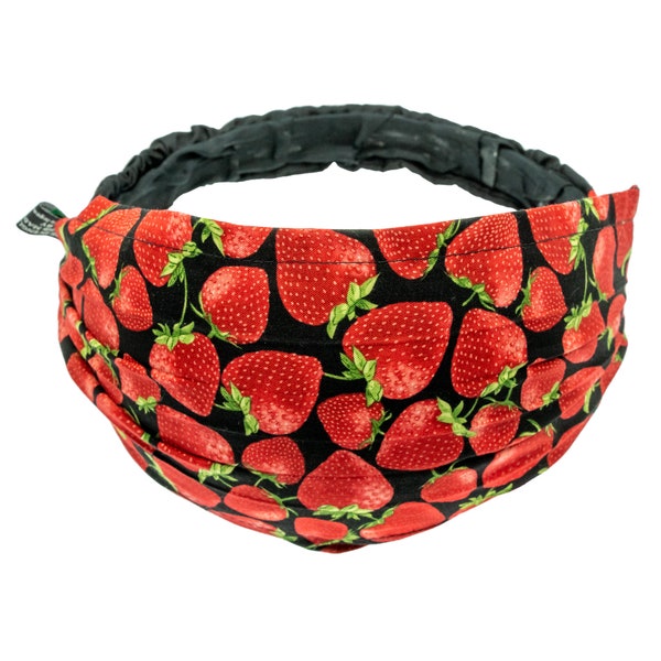 Design fraise ~ récolte abondante de fraises juteuses ~ bandana fait main élastique pour cheveux dames filles mode 100 % coton tissu fruits été