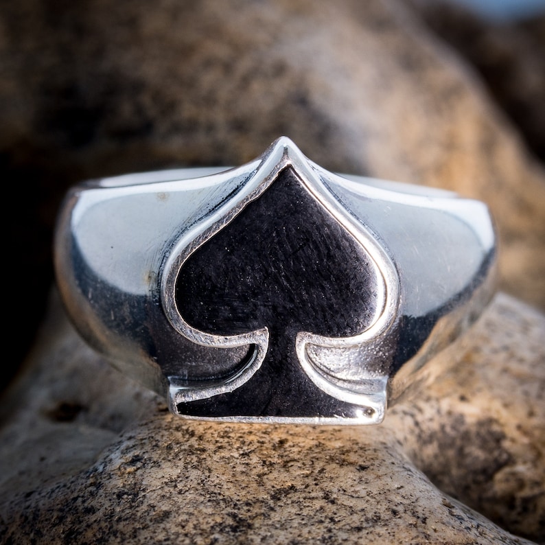 casino gamble Biker gambler Ace of Spades Signet Ring .925 solid sterling silver band Metal