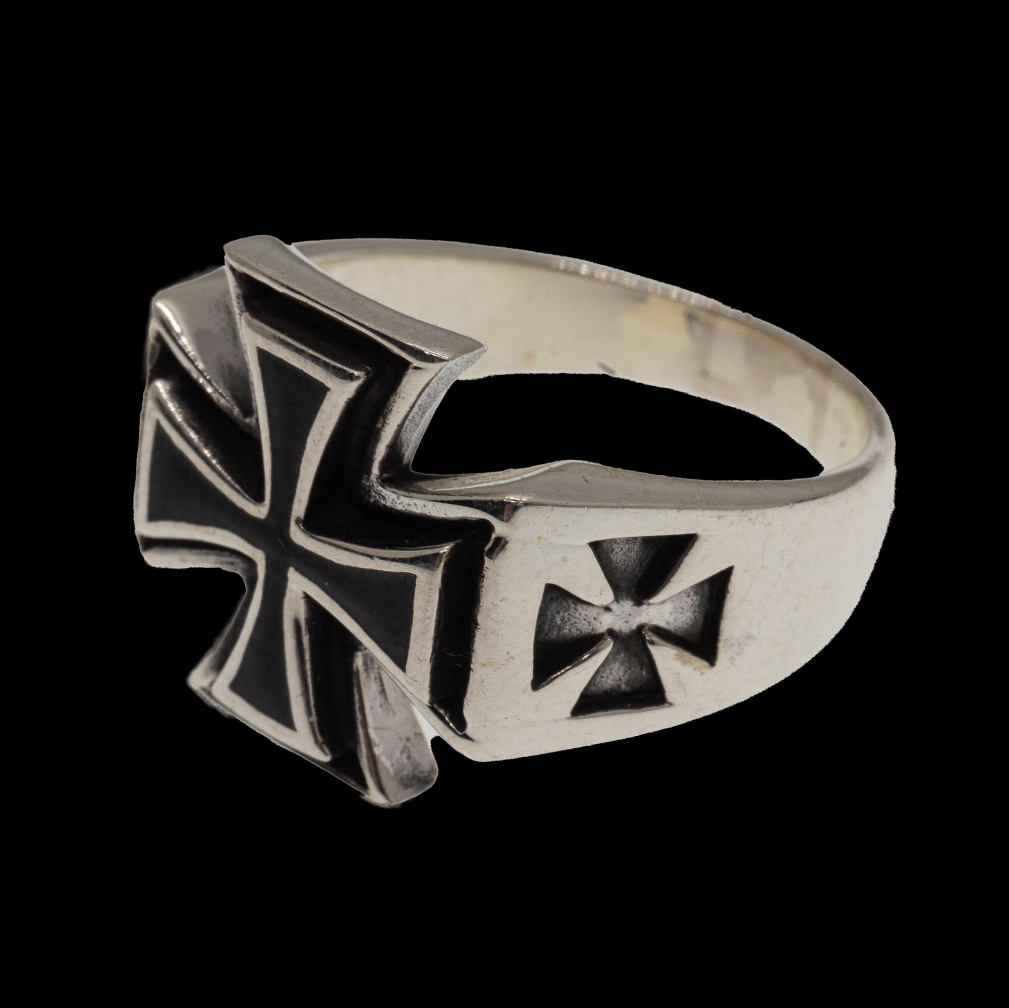 Iron Cross Ring .925 Solid Sterling Silver & Enamel Metal, Biker