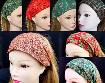 Festive Christmas Xmas Head Band Bandana, Hair Tie, Ladies Fashion, 100% Cotton Fabric Wide or thin Hair Band