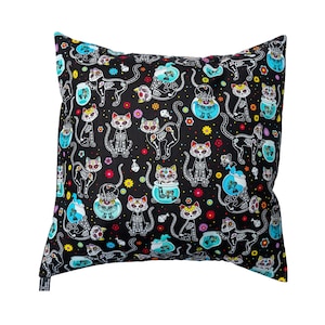 Day of the dead skeleton cat & fish bowl designer Cushion Cover Fits an 18 x 18 Cushion, scatter cushion for home decor 100% cotton image 1