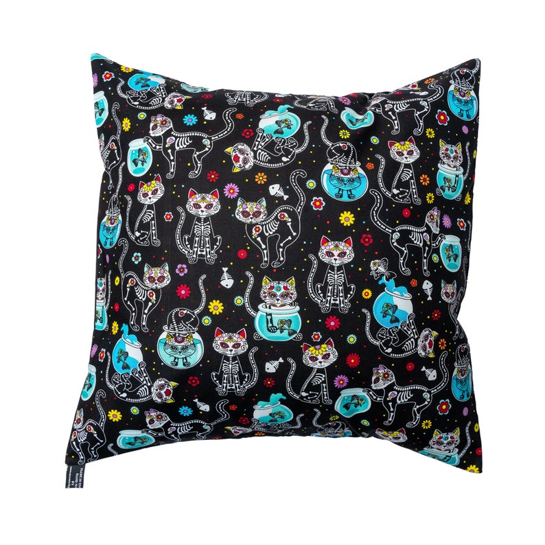 Day of the dead skeleton cat & fish bowl designer Cushion Cover Fits an 18 x 18 Cushion, scatter cushion for home decor 100% cotton image 1