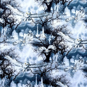 Awesome gothic design with owls in flight FABRIC 100% cotton per metre or yard for bandanas, face masks etc