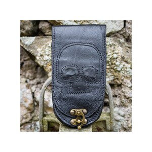 Handmade upcycled Leather mobile cell phone pouch with an awesome skull swinghook latch belt loop pouch Xmas Gifts for Him, Gifts for Her