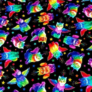 May include: A black background with a repeating pattern of rainbow coloured cats with wings and a unicorn horn. Each cat has a rainbow coloured halo and is surrounded by small, white stars.