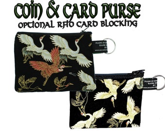 Beautiful & Elegant Japanese Crane design ~ Handmade  Purse 100% Cotton ~ great for cash cards coins Ideal Gift ~ Heron~ CHOOSE RFID BLOCKER