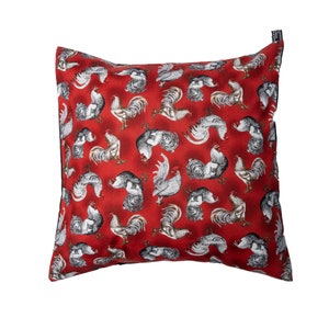 Bright Red Cushion Cover covered in a great collection of cockerells Fits an 18&quot; x 18&quot; Cushion for home decor Timeless Treasures 100% cotton