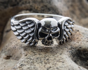 Skull Ring .925 solid sterling silver Angel Wings Heavy Metal, Biker Gothic Viking Pagan Available M - Z+