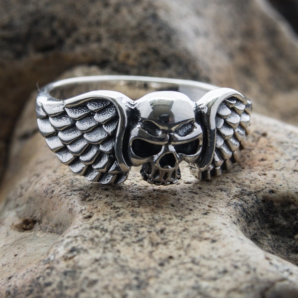 Ring Totenkopf .925 Sterling Silber Engel Flügel Biker Gothic Biker Gothic Pagan