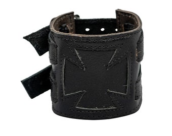 Iron Cross Real Leather Wide Wristband Wrist Cuff attached with a buckle , Bracelet, Arm Protector, Larp, Viking Celtic Biker