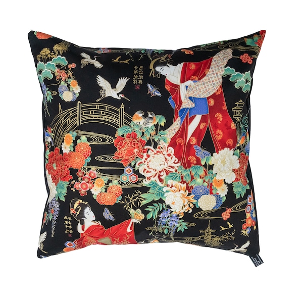 Belle housse de coussin design Geisha Girl Convient à une taille de 18 x 18 po pour une décoration de maison ou de bureau. Kimono japonais Koko 100 % coton et oshiroi