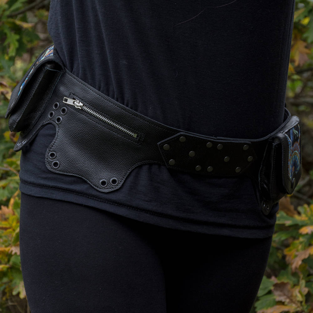 Leather Utility Pouch Belt Peacock Mandala Fan Handmade Hip Pocket