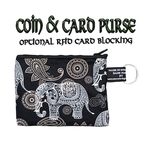 Hermoso diseño de elefante y mandala ~ Monedero hecho a mano 100% algodón ~ ideal para guardar dinero en efectivo, tarjetas, monedas, regalo ideal ~ INSERTO RFID OPCIONAL