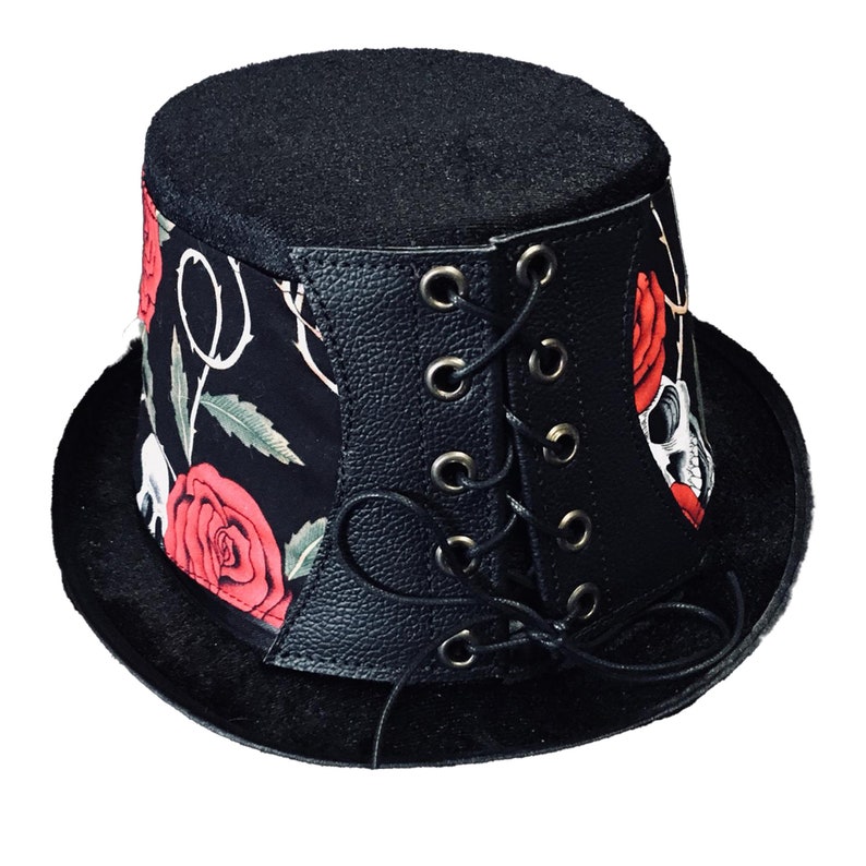 Red Rose & Skull Steampunk Hat Victorian Corset Gothic Tophat Leather 100% Cotton Fabric image 2
