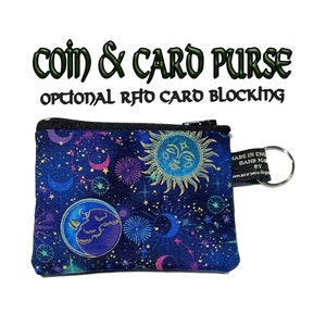 Design cosmos soleil, lune et étoiles ~ Sac à main fait main ~ 100 % coton idéal pour les pièces de monnaie avec cartes de paiement Cadeau idéal ~ Bloqueur de cartes RFID en option