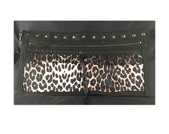 Handmade Market Trader Sales Pouch in a leopard print design, great for separating change & notes whilst selling Clip attachment tool belt