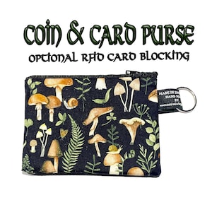 Diseño de hongo y seta venenosa ~ Monedero hecho a mano 100 % algodón ~ Ideal para guardar dinero en efectivo, tarjetas, monedas, regalo ideal ~ ELIGE EL BLOQUEADOR RFID