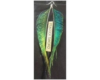 Beautiful REAL Peacock Sword/Spear Feather Earrings attached to 925 sterling silver hooks handmade Jewellery Droppers