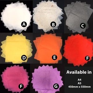 Beau et délicat papier de soie de mûrier fait main dans une gamme de couleurs vives, parfait pour l'emballage cadeau et la fleuristerie, fibres de coco