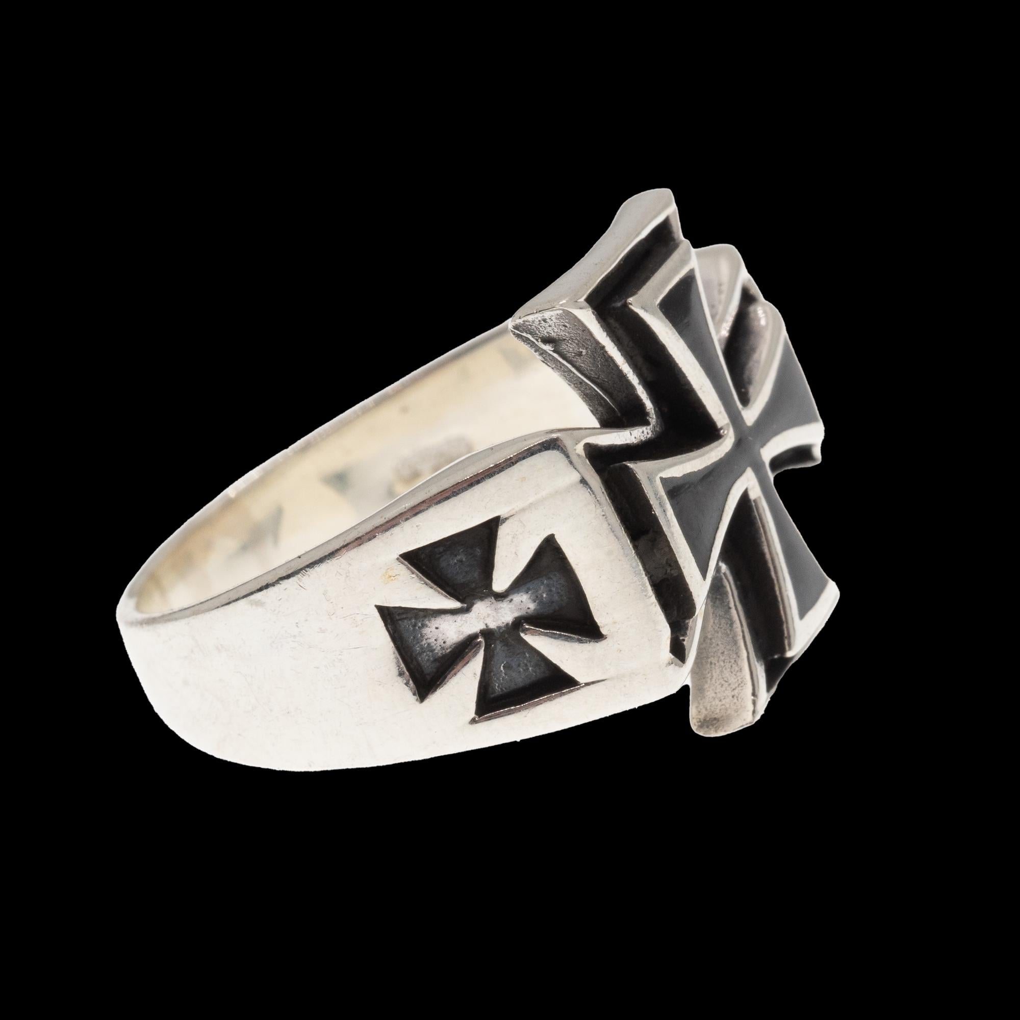 Iron Cross Ring .925 Solid Sterling Silver & Enamel Metal, Biker