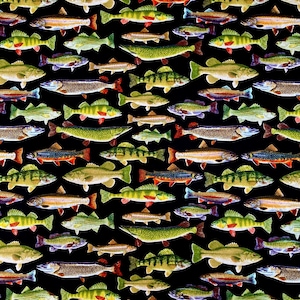 1/2 Metre Great design with a variety of fish Perfect for making clothing, costumes and accessories Timeless 100% Cotton