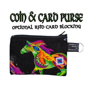 Caballos con diseños estilo azteca pintados en colores brillantes ~ Monedero hecho a mano 100% algodón ~ ideal para tarjetas/monedas Regalo ideal ~ ELIGE BLOQUEADOR RFID