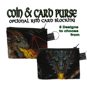 Dragón que escupe fuego ~ Monedero hecho a mano ~ 100 % algodón, ideal para guardar dinero en efectivo, tarjetas, monedas, regalo ideal ~ con pantalla de protección de tarjeta RFID opcional