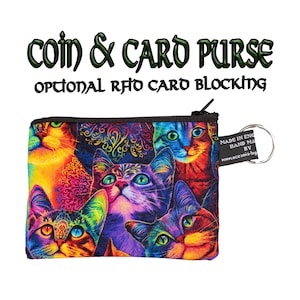 Hermoso diseño de gato arcoíris y mandala ~ Monedero hecho a mano 100% algodón ~ ideal para guardar dinero en efectivo, tarjetas, monedas, regalo ideal ~ INSERTO RFID OPCIONAL