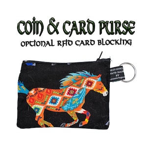 Caballos con diseños estilo azteca pintados en colores brillantes ~ Monedero hecho a mano 100% algodón ~ ideal para tarjetas/monedas Regalo ideal ~ ELIGE BLOQUEADOR RFID