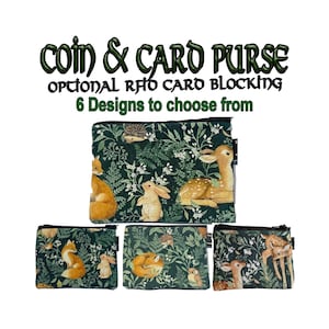Diseño de ciervo, zorro, búho y conejo del bosque ~ Monedero hecho a mano ~ 100 % algodón, ideal para guardar dinero en efectivo, tarjetas, monedas, regalo ideal ~ Bloqueador de tarjetas RFID opcional