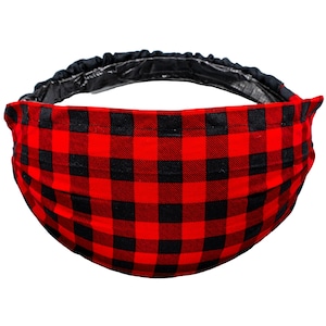 May include: Red and black checked headband with a black elastic band.