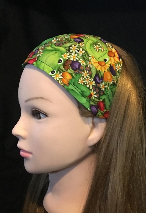 Frogs & Flowers Headband Bandana Hair Tie Turban Ladies Fashion Scarf 100%  Cotton Fabric 