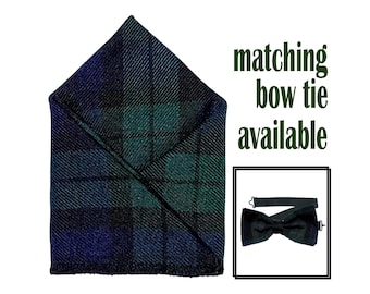 May include: A green, black, and blue plaid pocket square. The text "matching bow tie available" is written in green letters on a white background.