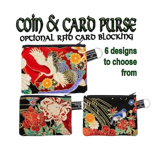 Japanese Geisha, Bird & Floral Design Coin/Card Purse Handmade from 100% Cotton Ideal Gift. Crane Wisteria Flowers with optional RFID Insert