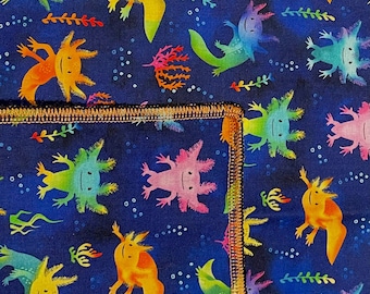 Axolotl Bandana 100% Cotton Headband suitable for chemo wear.  Cute fun fabric with Amphibian, Salamanders in bright & vibrant colours