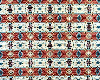 May include: A seamless pattern featuring a repeating geometric design in shades of red, orange, yellow, blue, and white. The pattern is reminiscent of Native American art and textiles.