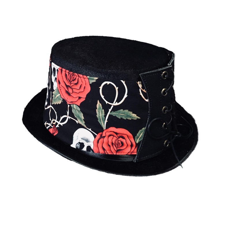 Red Rose & Skull Steampunk Hat Victorian Corset Gothic Tophat Leather 100% Cotton Fabric image 1