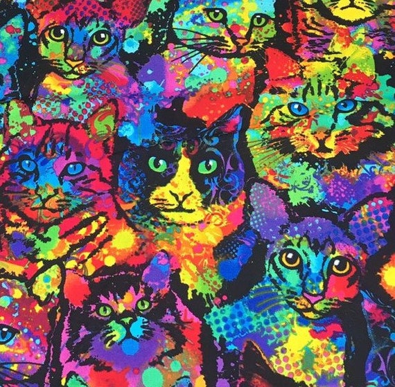 1/2 Meter Artistic Crazy Painted Cats Timeless Treasures Cotton Fabric  Perfect for Making Masks Bandanas Etc Psycho Feline 