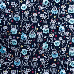 ファットクォーター 死者の日 スケルトン 猫と魚のボウル デザイナー生地 フェイスマスク作りに最適 時代を超越した 100% コットン ディア・デ・ロス・ムエルトス