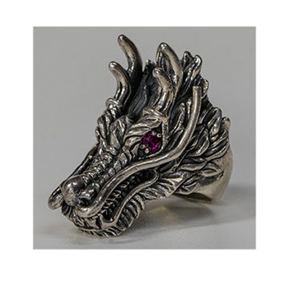 Silver Ring DRAGON SCALES Band and DRAGON HEAD with Diamond Eyes – Elfcraft