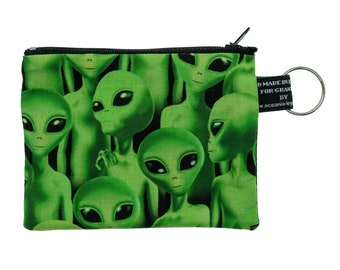 Alien Designer Coin Purse Handmade from Timeless Treasures 100% Cotton great for cash cards coins UFO ET X Files Green Men Outer Space